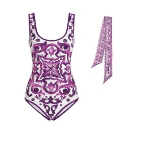 Dolce & Gabbana Purple and White One Piece Swimsuit With Headband